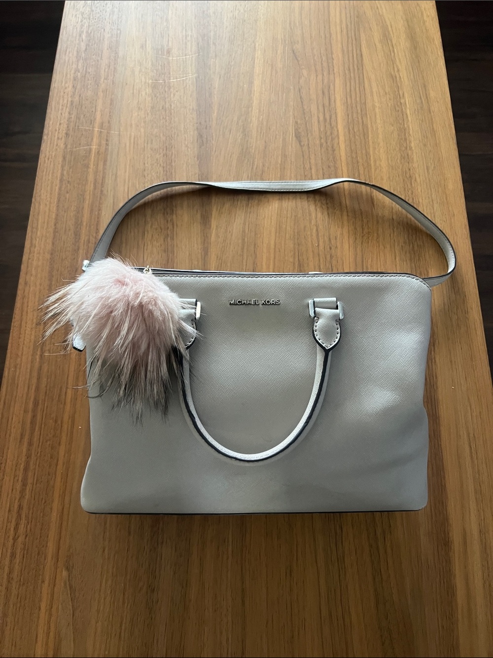 Michael Kors Gray Satchel with Pink-Gray Pom Charm